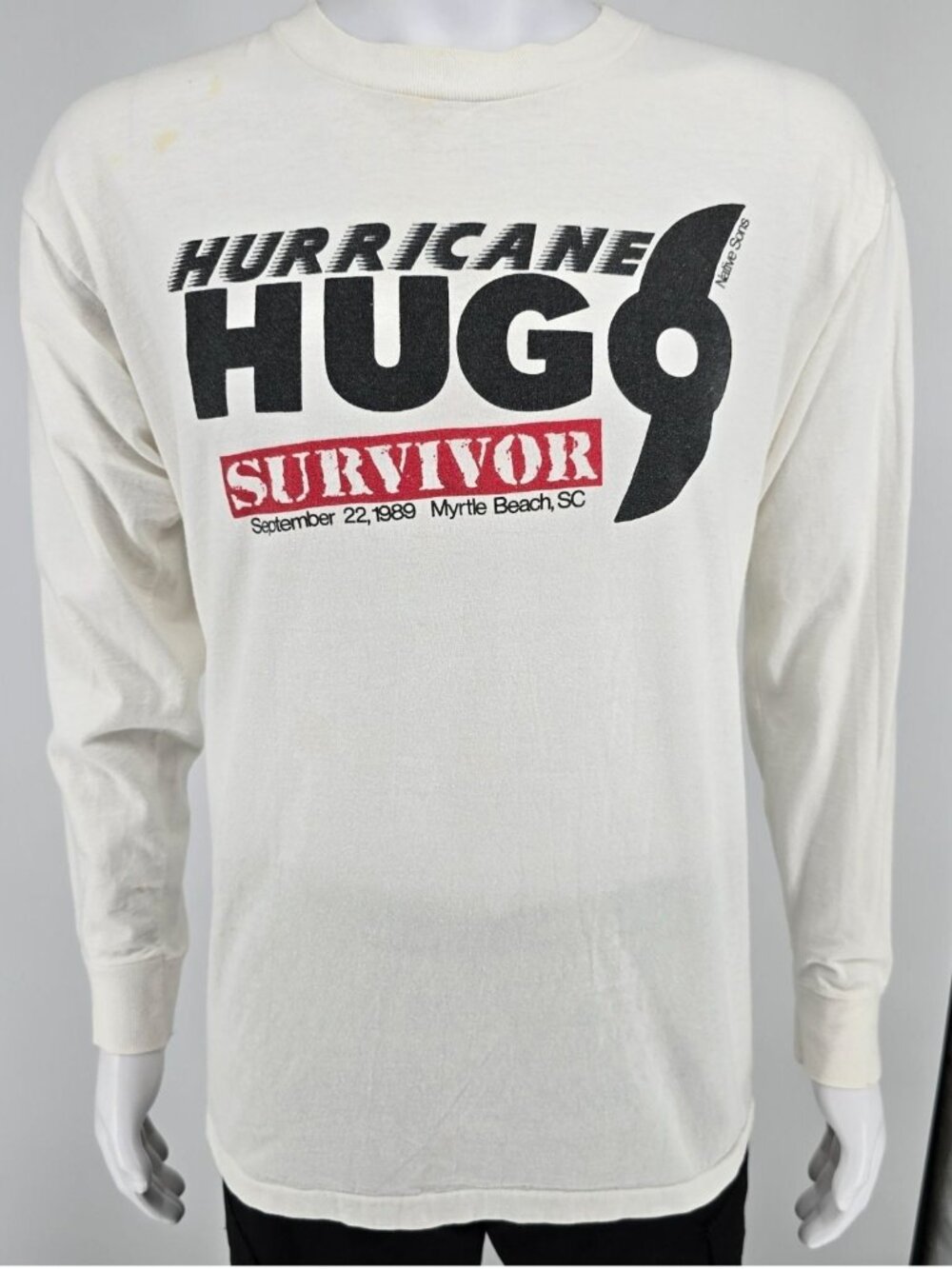 Vintage 1989 Hurricane Hugo Survivor Myrtle Beach Long Sleeve T-Shirt (L/XL)